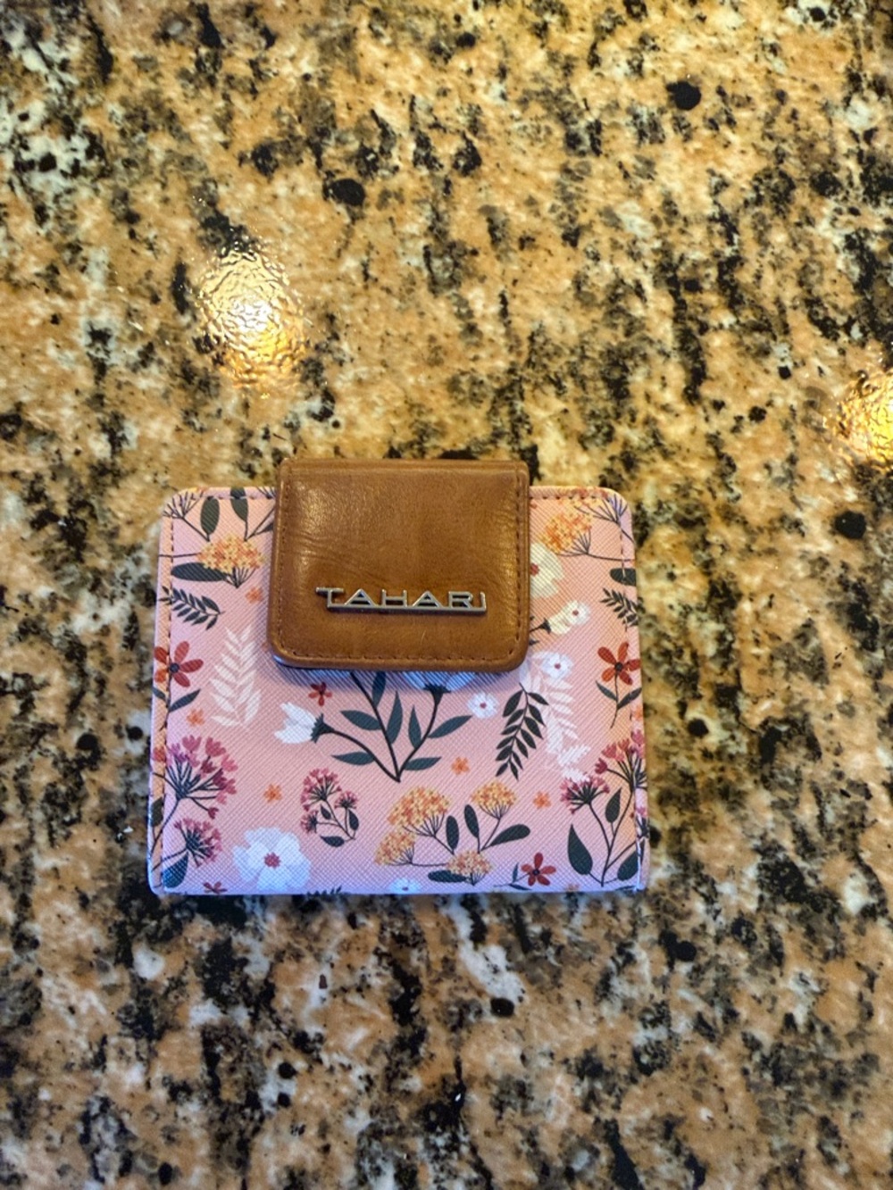 Tahari Pink Floral Wallet with Brown Trim